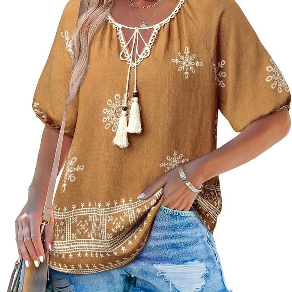 Womens Summer Boho Tops Casual V Neck Short Sleeve Blouses Floral Print Shirt Ti - Picture 3 of 7